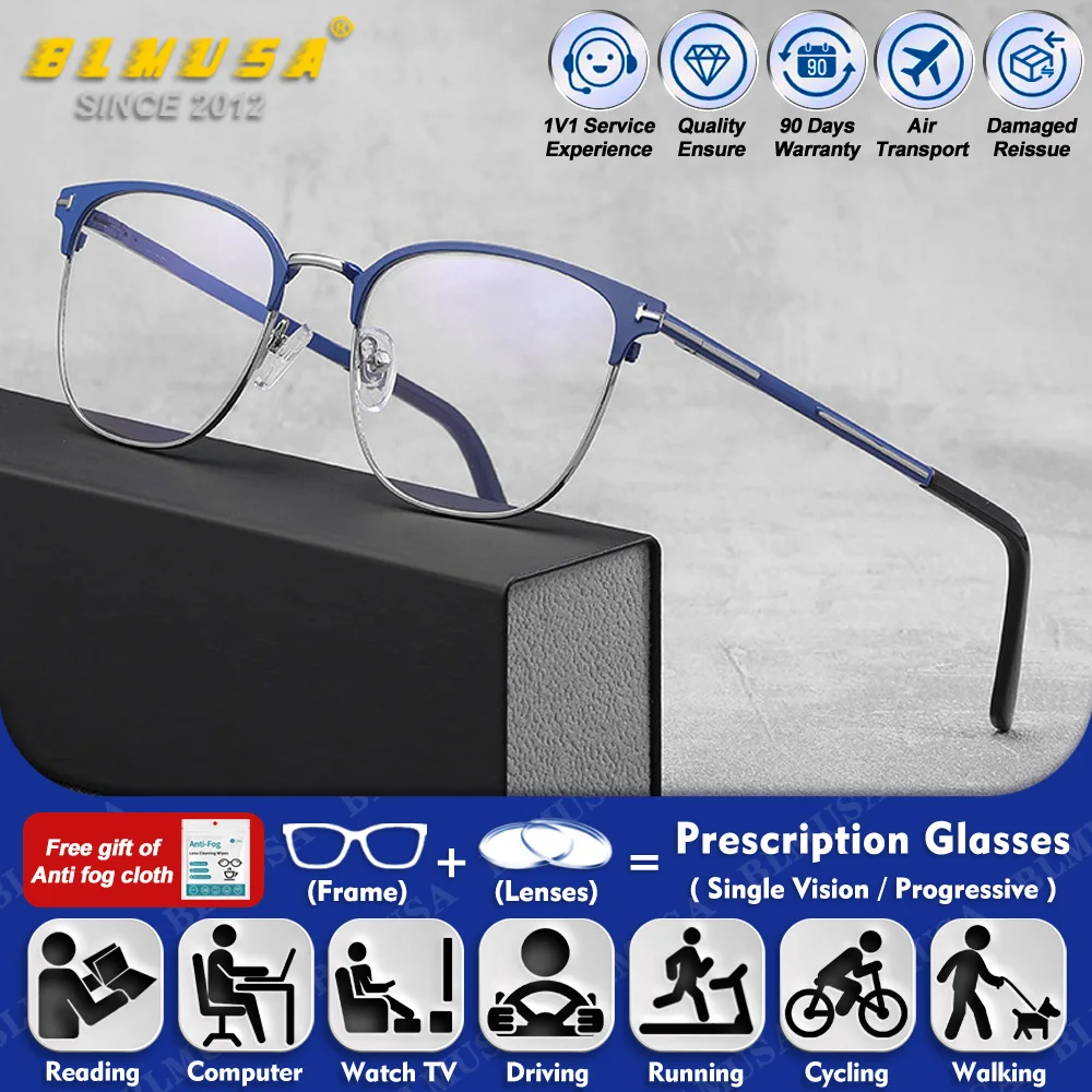 

BLMUSA (L) Vintage Round Men Myopia Prescription Computer Glasses Anti Blue Light Photochromic Progressive Prescription Eyeware