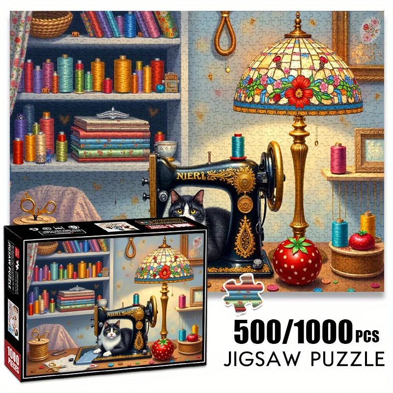

500/1000pcs Vintage Sewing Machine & Cat Jigsaw Puzzle - Anti-Scratch Premium Paper, Challenging Advanced Puzzle for Adults, F