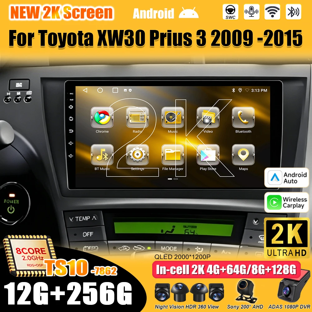 For Toyota XW30 Prius 3 2009 -2014 2015 Android 16 RHD Car Radio Stereo Head Unit Wireless Android Auto Touch Screen 8 CoreRDS