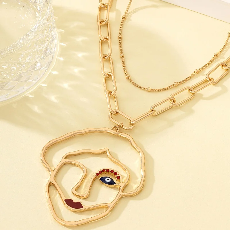 European and American exaggerated men and women metal necklaces unique face art design pendant clavicle necklace party jewelry