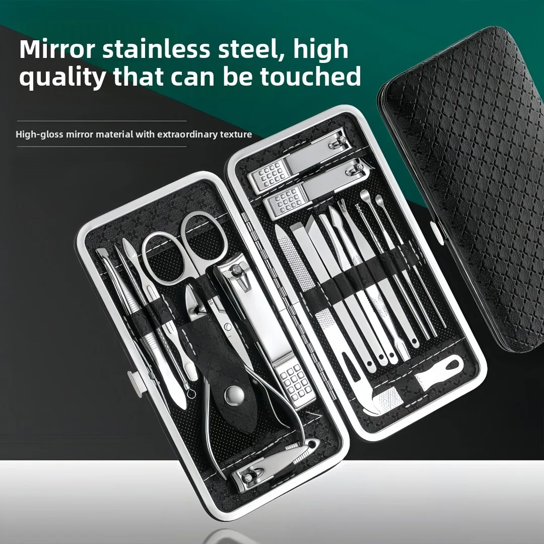 스테인리스 스틸 손톱깎이 19종 세트, 사선 손톱깎이, 페디큐어, 귀이개, 스푼, 네일아트 세트