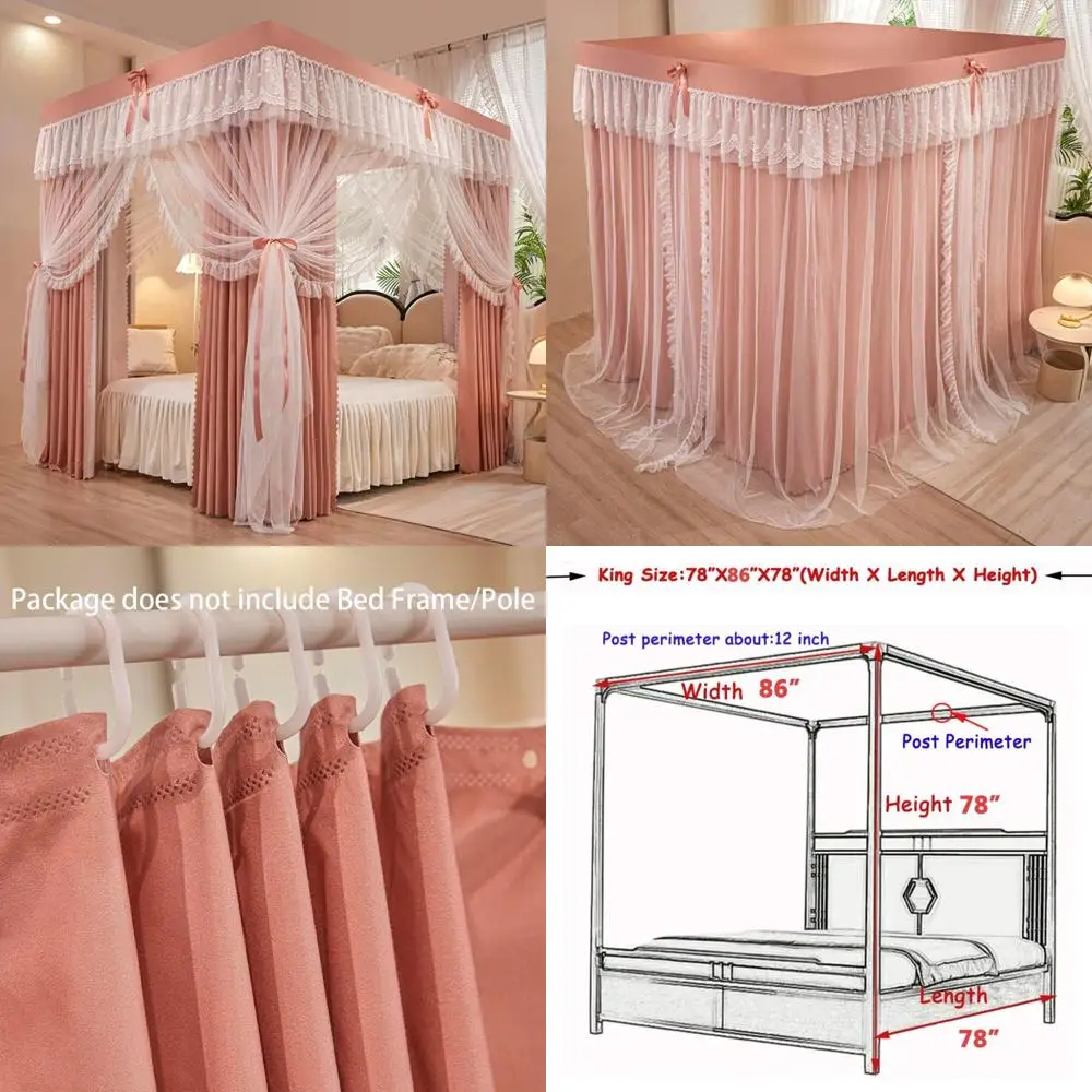 

Solid Color Double Layer Bed Canopy Curtain with Ruffles and Princess Style Mosquito Net for Girls with Four Corners Opening