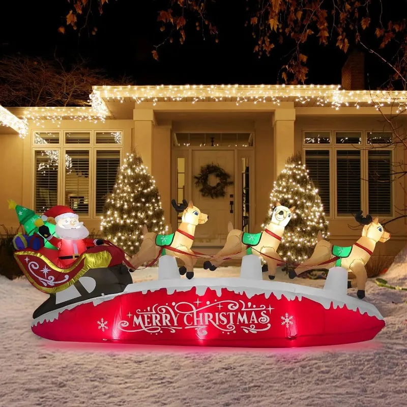 10.8Ft Wide Outdoor Lighting Inflatable Santa Deer Built-in Light Emitting Diode Holiday Lawn Garden Ornaments Christmas Blow