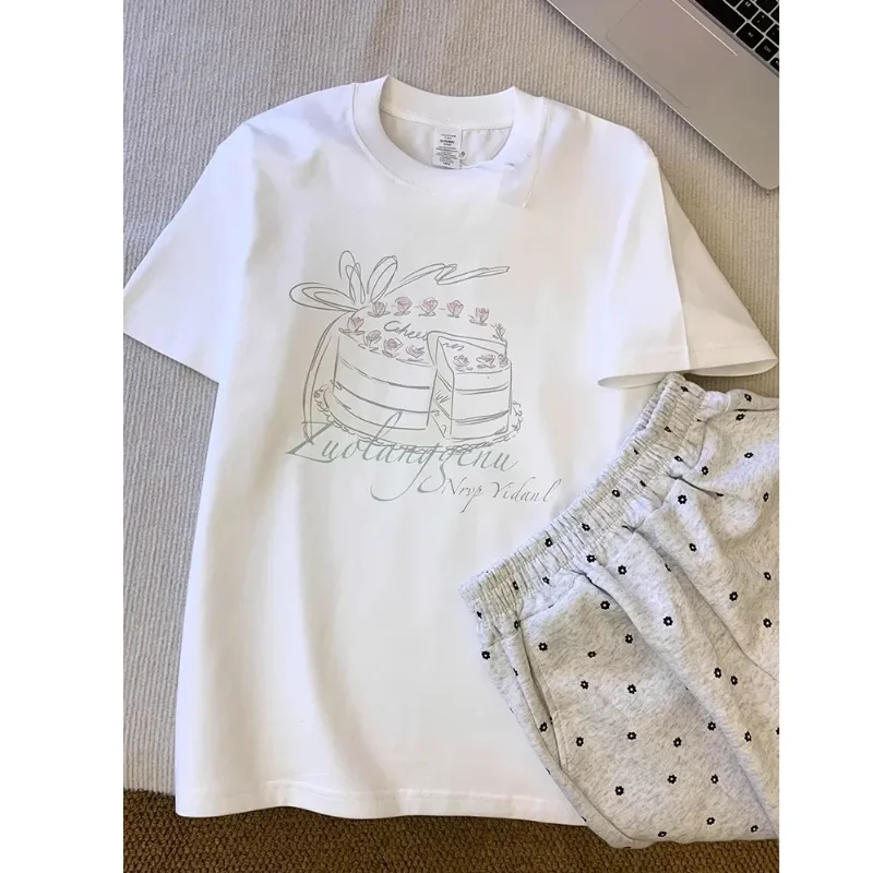 

Белая футболка-пижама с коротким рукавом и принтом для женщин, повседневная домашняя одежда