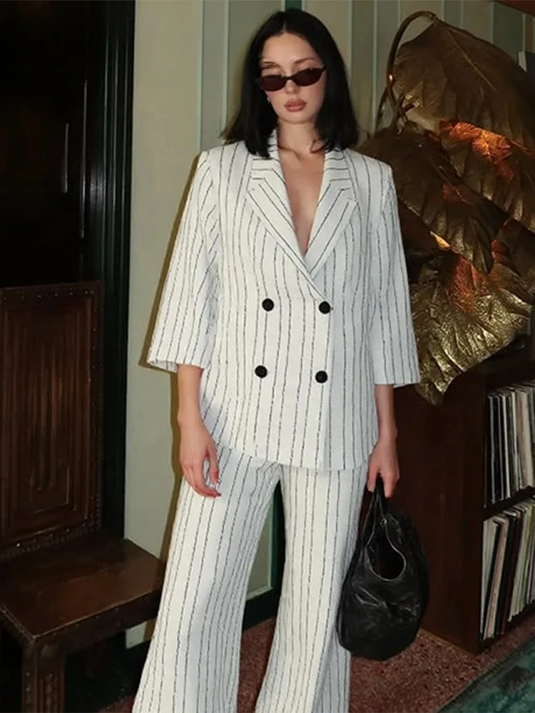 

Classic Striped Blazer Suit Women Double Breasted Lapel Full Sleeve Jacket Loose Straight Pant 2025 New Office Lady Outfit
