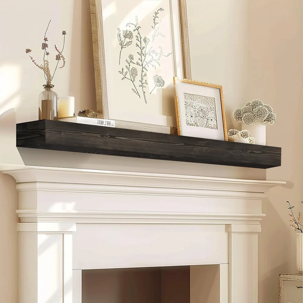 رف عائم خشبي ريفي مقاس 60 بوصة مع دعامات غير مرئية - ديكور حائط سميك لرف الموقد، أسود #6