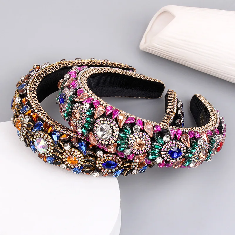European and American New Retro Heavy Baroque Colorful Rhinestone Headband for Women Luxurious Hair Accessories