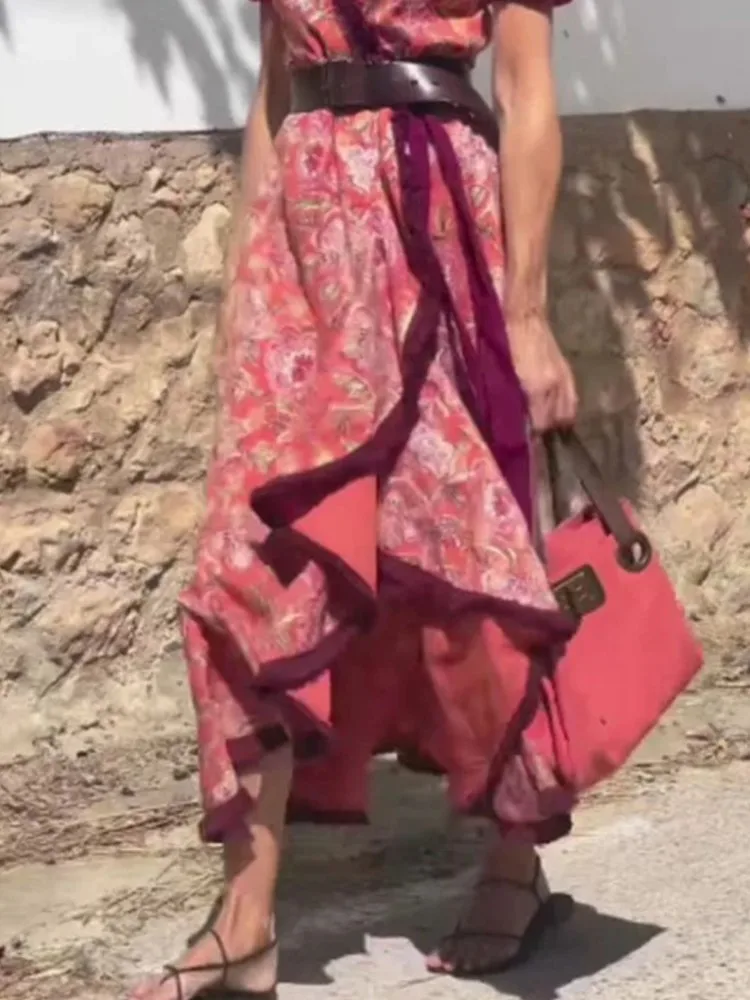 Elegant V-neck Short-sleeved Dress Women's Fashion Spring Summer Flower Printing Irregular Casual Vacation Boho Dresses Female