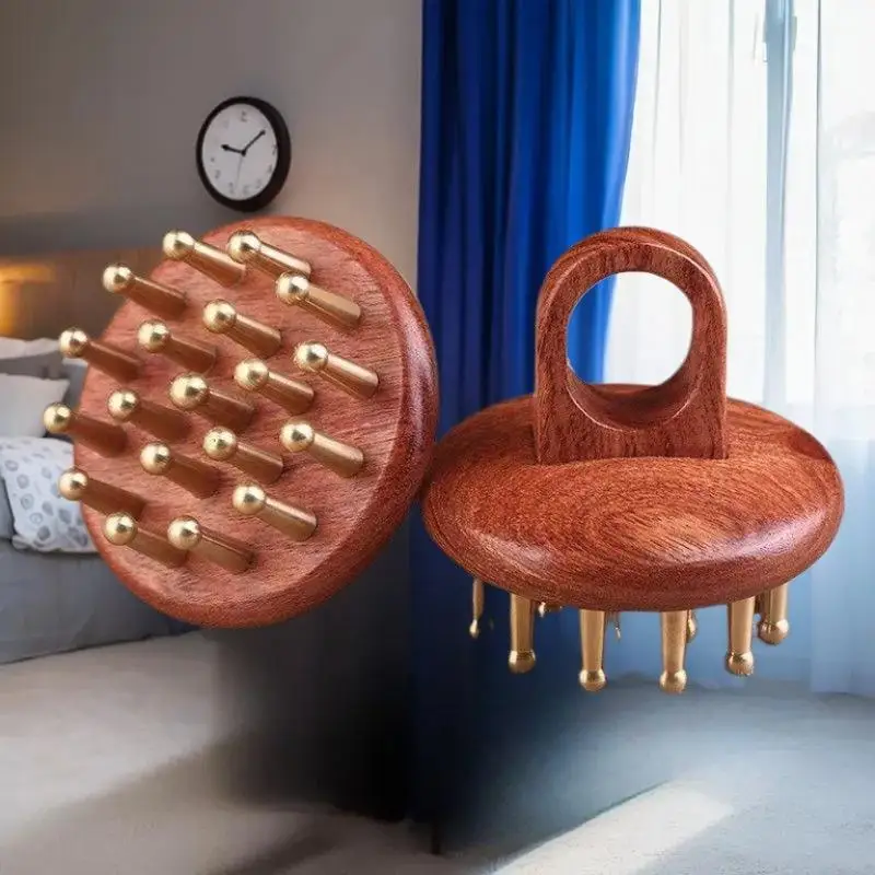 Copper Sandalwood Head Meridians Massage Comb Fine Tooth Scalp Needling Guasha Relax Body Massager Brush for Stress Relief