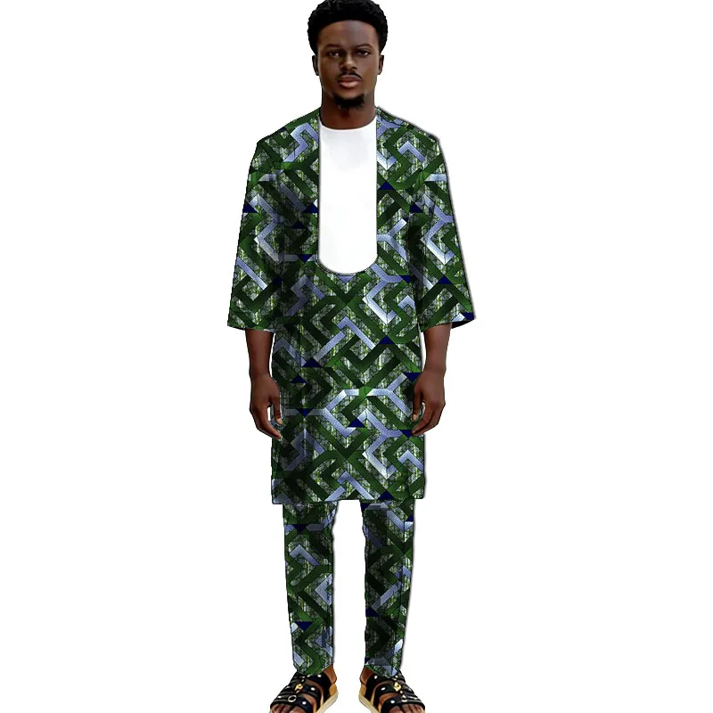 Men's African Coutrue 3/4 Sleeve Top And Trouser Set Ankara Print Wedding Wear Male Pant Outfit Customized
