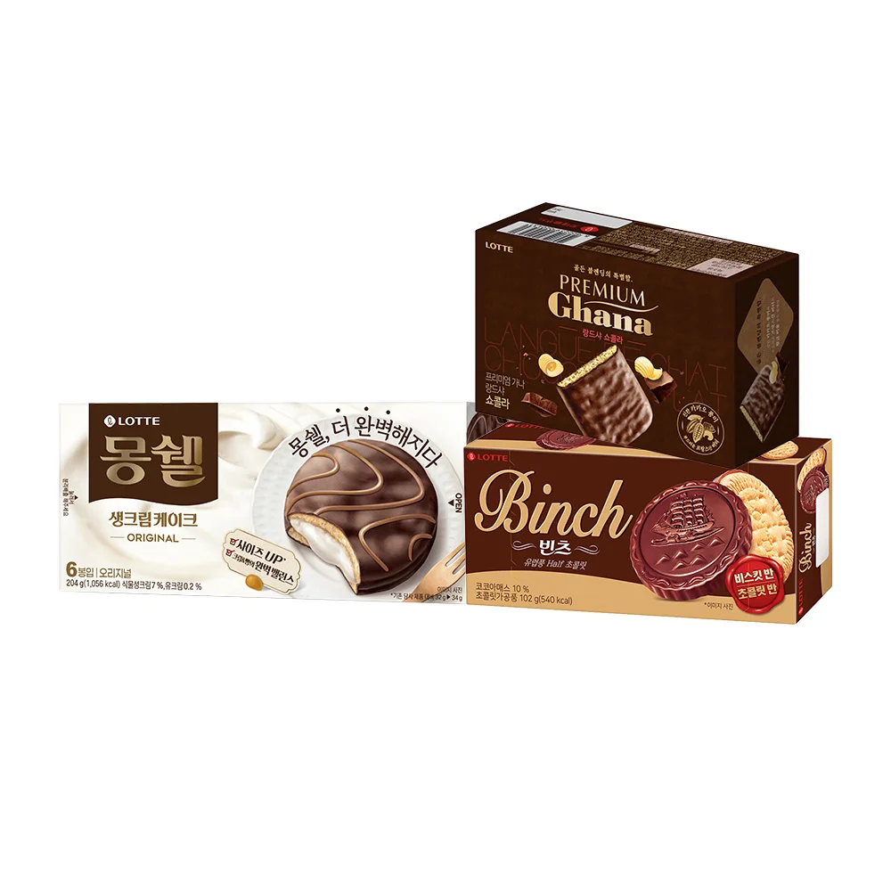 Lotte Wellfood Monchhichi Original 204g X 1 + Vints 102g X 1 + Chocolate Premium Ghana Landsha 91g X 1