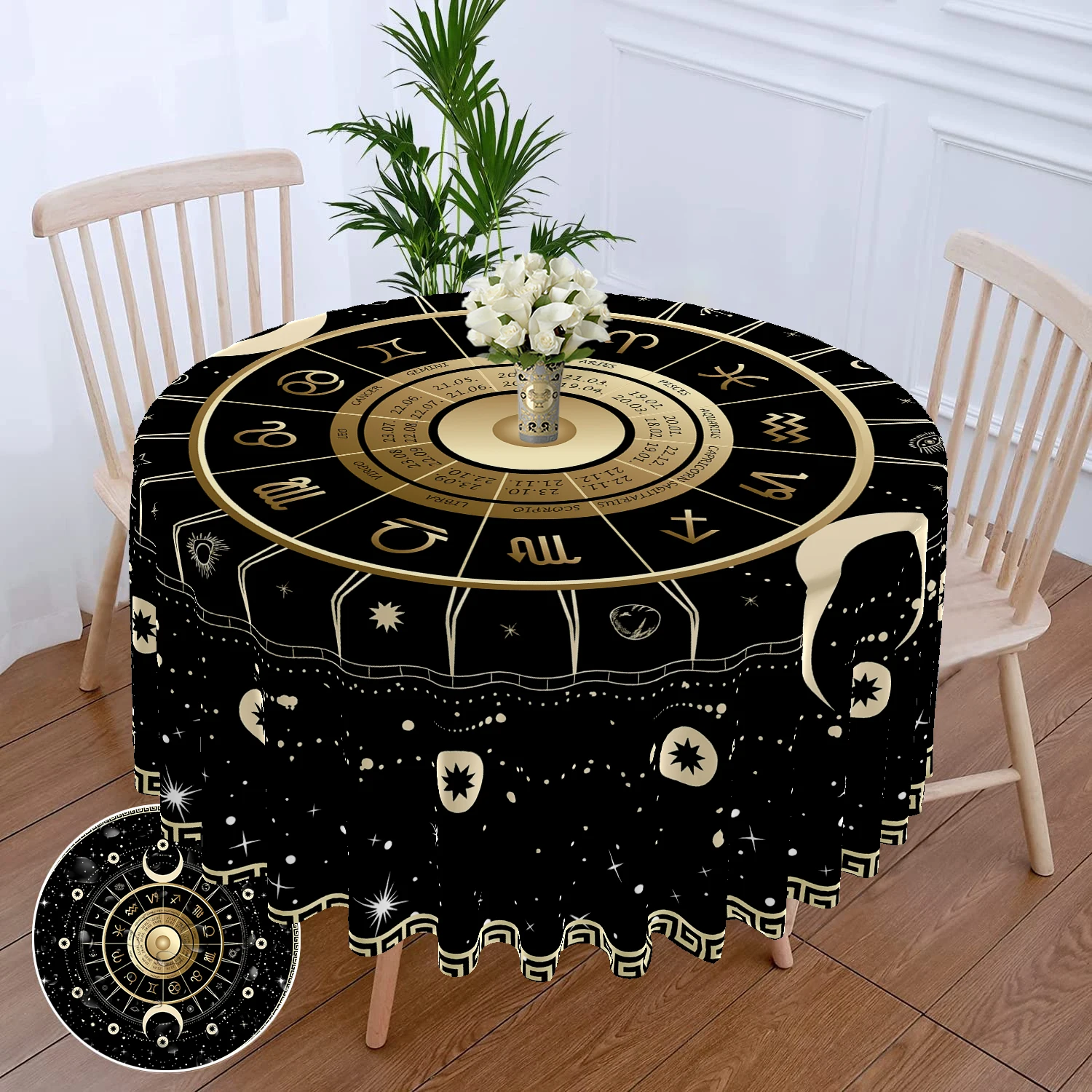 1 Piece Tarot Circular Tablecloth Waterproof Color Terrace Dining Table Cover Multi-purpose Towel 63 inch Black Gold Tableclot