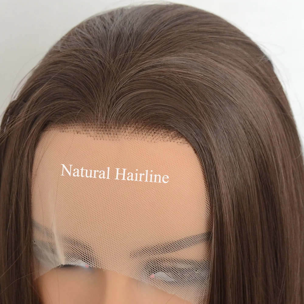 Voguebeauty marrom escuro peruca dianteira do laço sintético seda reta resistente ao calor fibra natural hairline cosplay para mulher