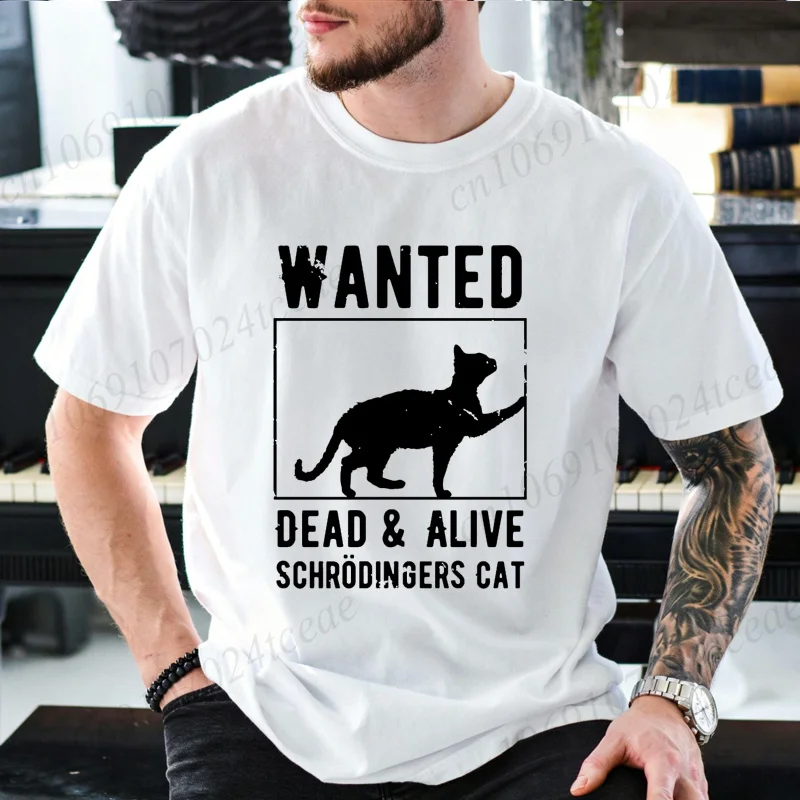 T-shirt graphique Black Cat Wanted Dead and Alive pour hommes, humoristique, sur le thème de la physique et de la science, coupe ample, unisexe, décontracté, à manches courtes