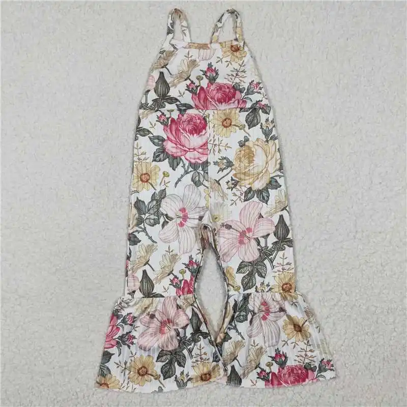 

Z904-20 Wholesale Girls Summer Suspender Long Sleeve Jumpsuit Flare Pants Pattern Flower Print Color Bright Ruffle