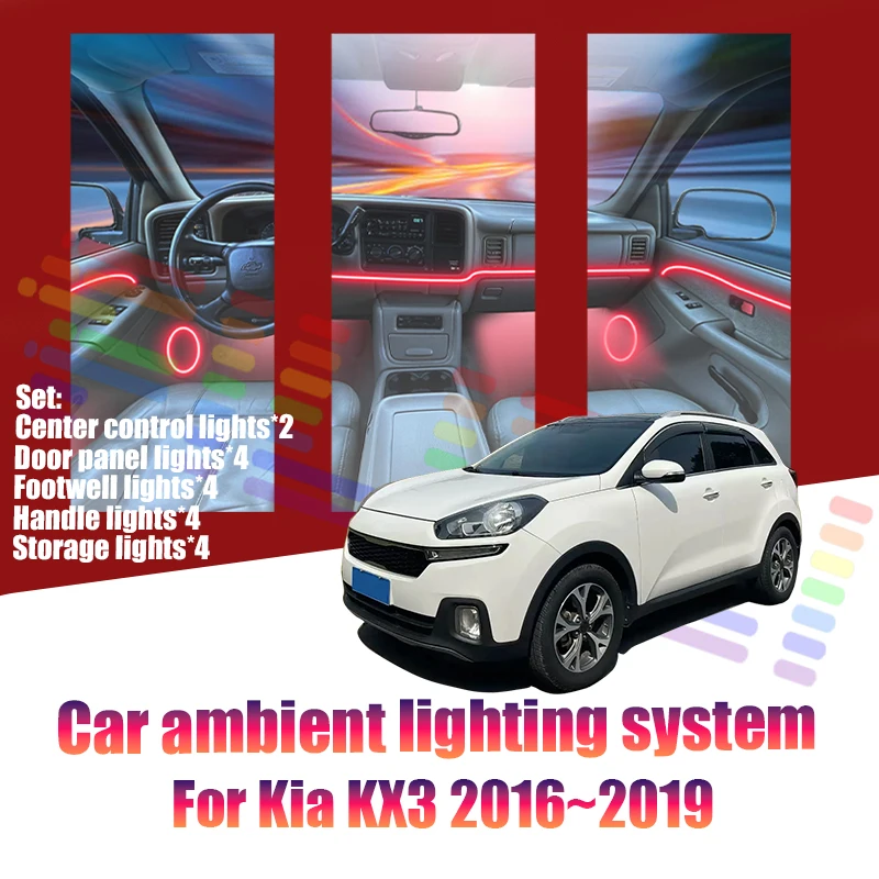 Luces LED Ambientales para Kia KX3 2016~2019 KC MK1, Luces de Atmósfera Coloridas, Tira de Neón Interior para Auto, Iluminación RGB de 64 Colores, Accesorios para Auto