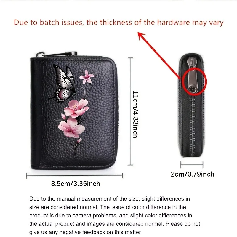 2D Butterfly and rose flower Leather Pattern Card Bag, PU Leather Zipper Anti-theft Wallet, Multi Slot Accordion Style Card Clip