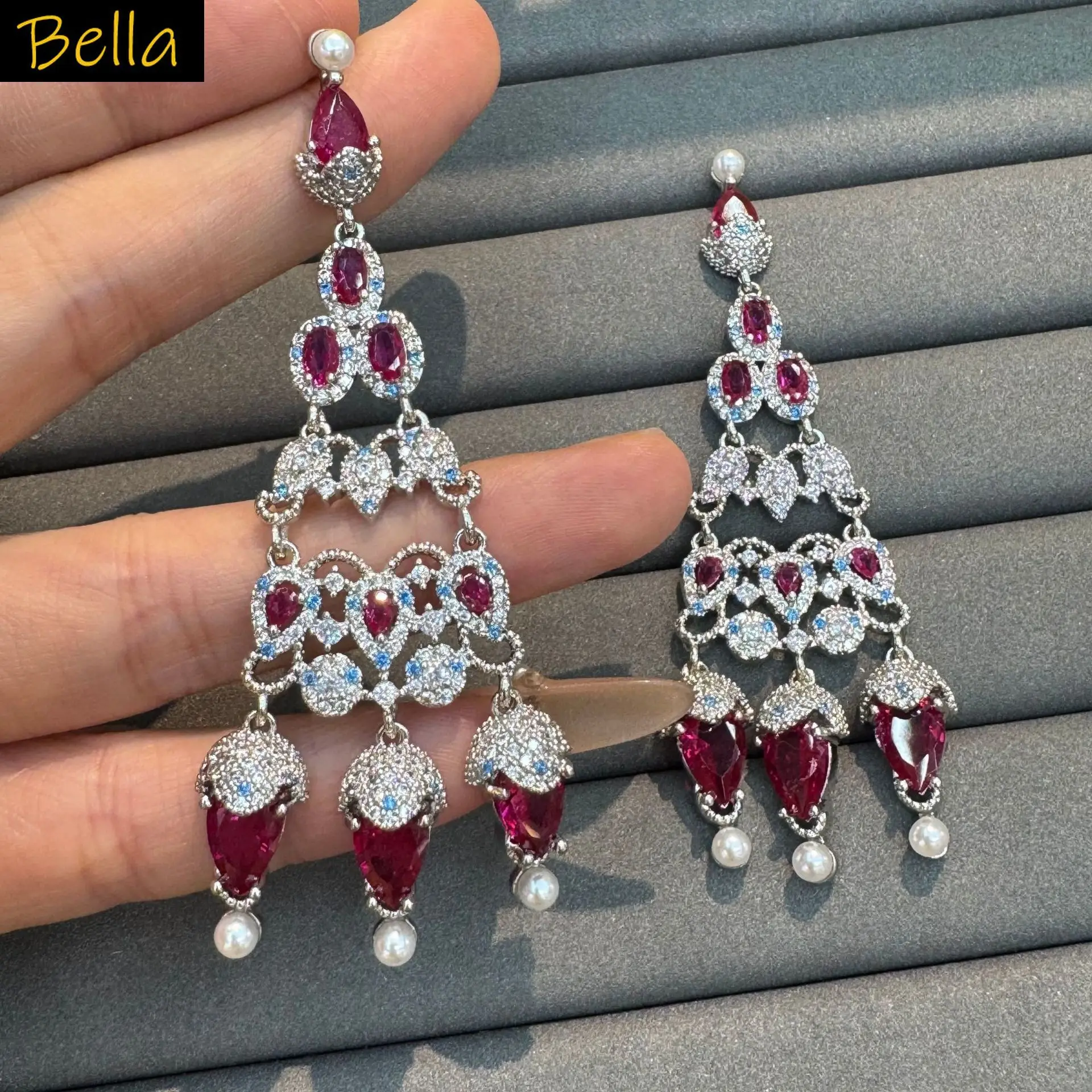 classy long earrings for women dinner party wedding earrings shiny zirconia pink fushia multicolor pendant anniversary gift