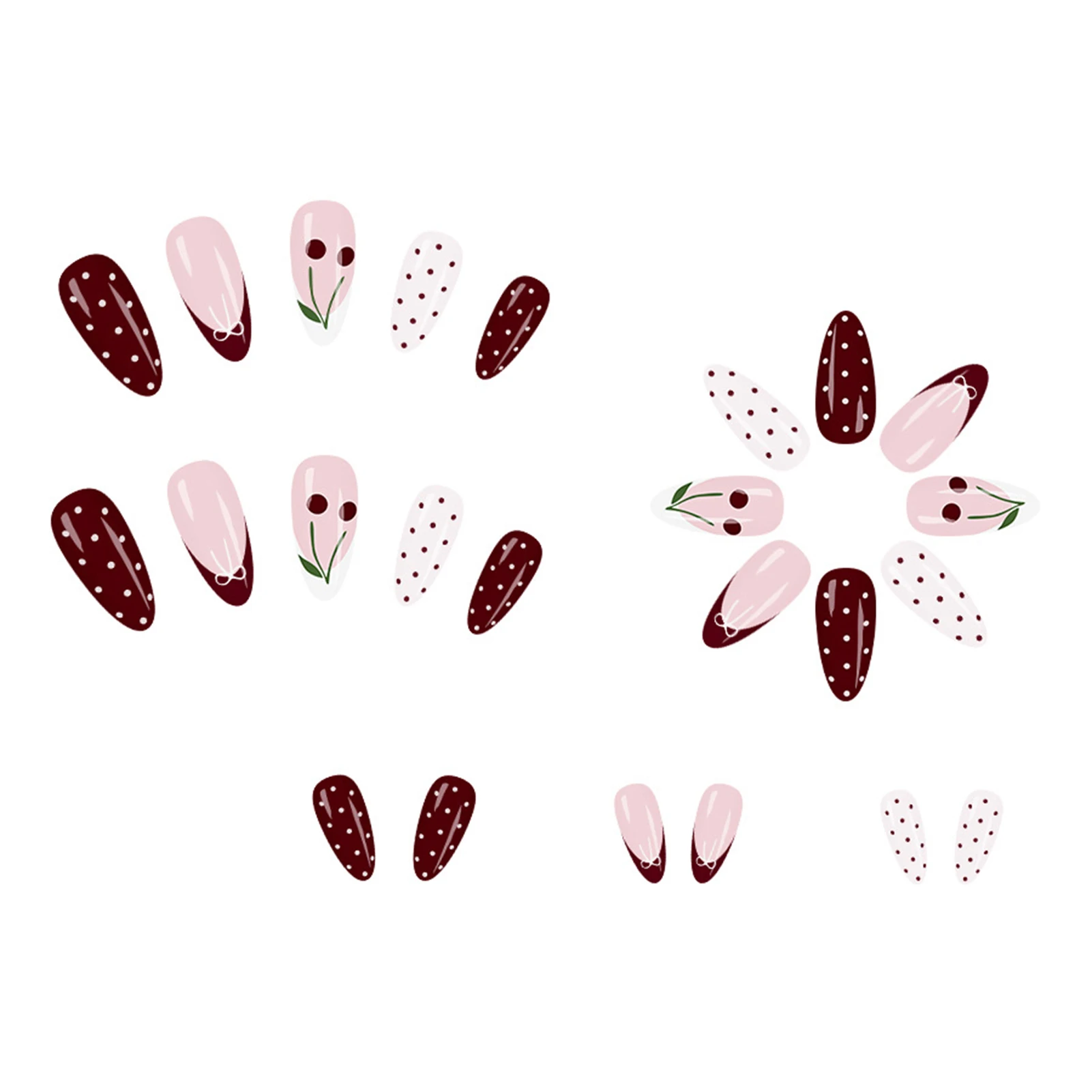Faux ongles en forme d'amande rouge vin, 24 pièces, avec motifs à pois/nœud papillon/cerise, à pression française, pour femmes et filles, manucure à breloques du nouvel an