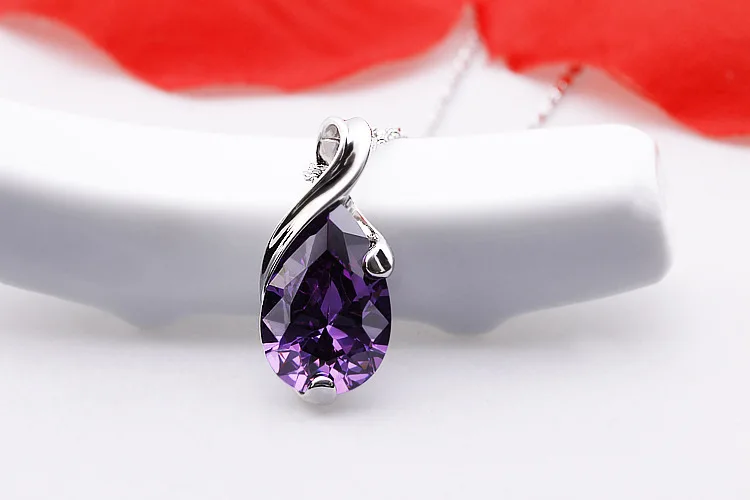 Latest Purple Water Drop Zircon Pendant with 925 Sterling Silver Necklace Chain Nice Woman Fashion Jewelry