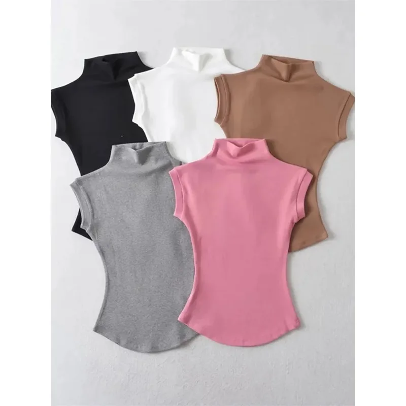 

Women Summer Sexy Turtleneck Sleeveless T-Shirts Tops Solid Slim Fit Pullovers Causal Tees Shirts Female Streetwear Basics Tees