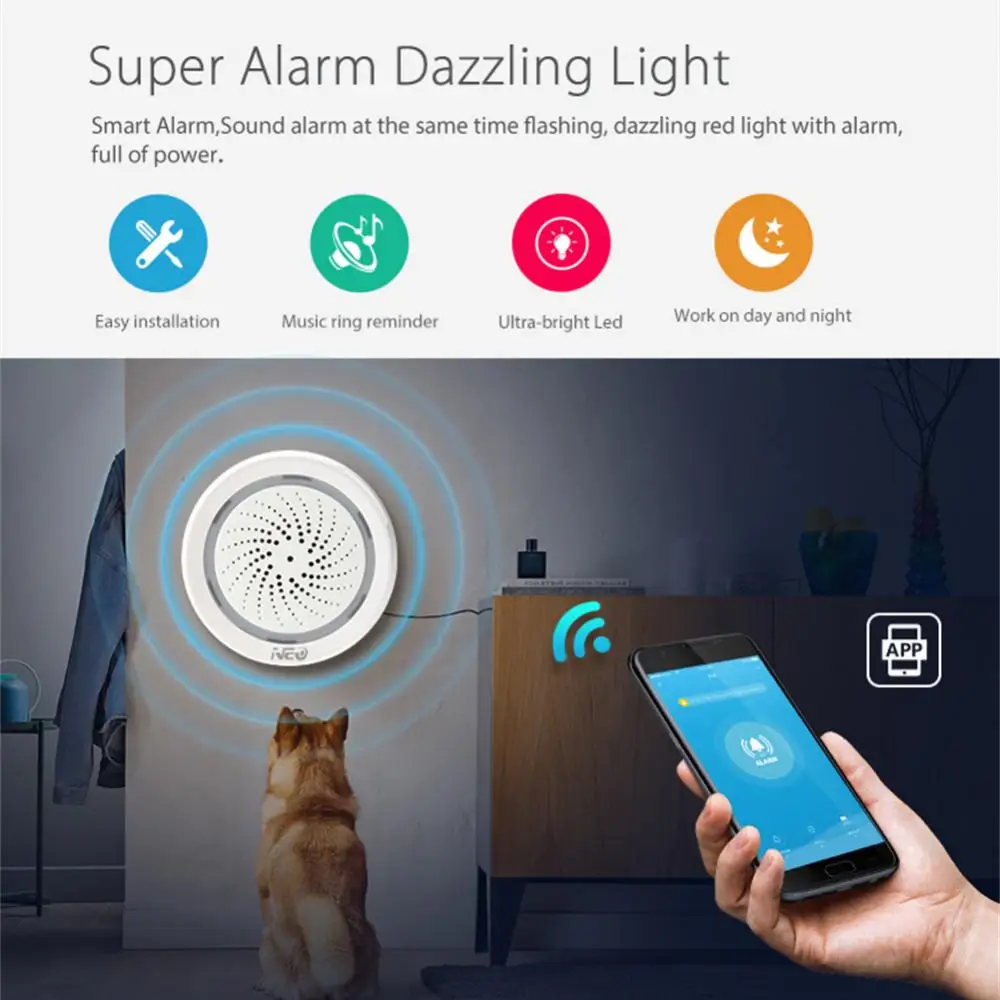 Tuya WiFi Smart Wireless Siren Alarm + Temperature 2 in 1 Sensor 100DB USB Power Via iOS Android APP Notification No HUB Require