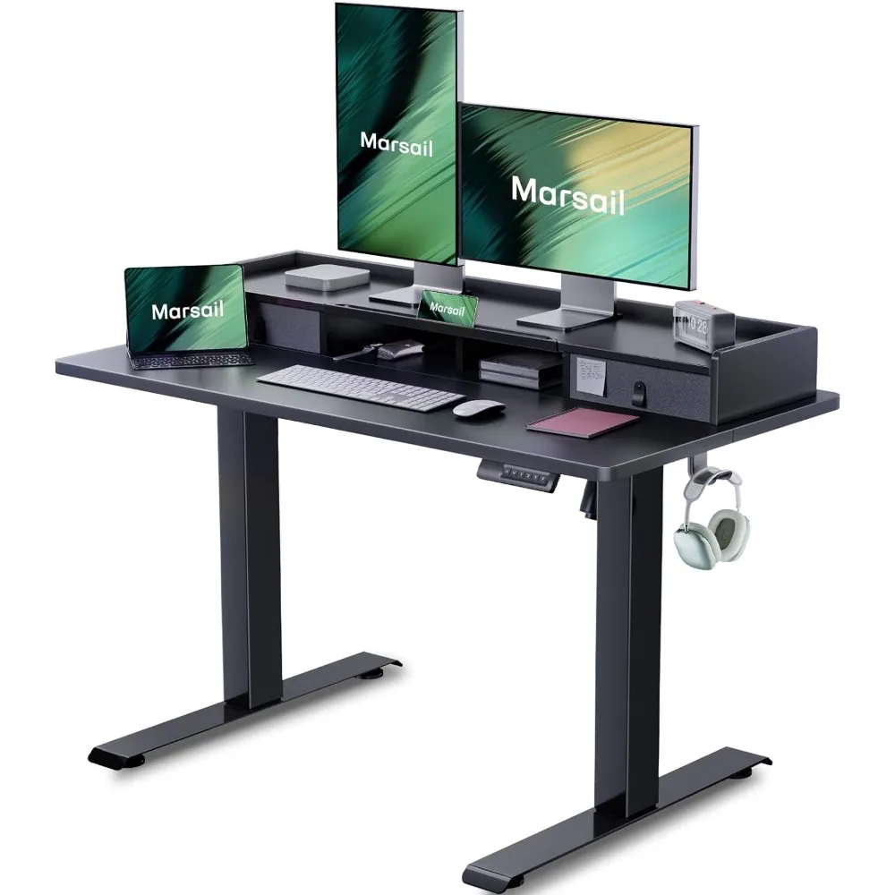 Standing Desk com gavetas duplas, Sente-se Stand Desk com prateleira de armazenamento, ajustável Sente-se, 4 Memória P, 48x24 polegadas