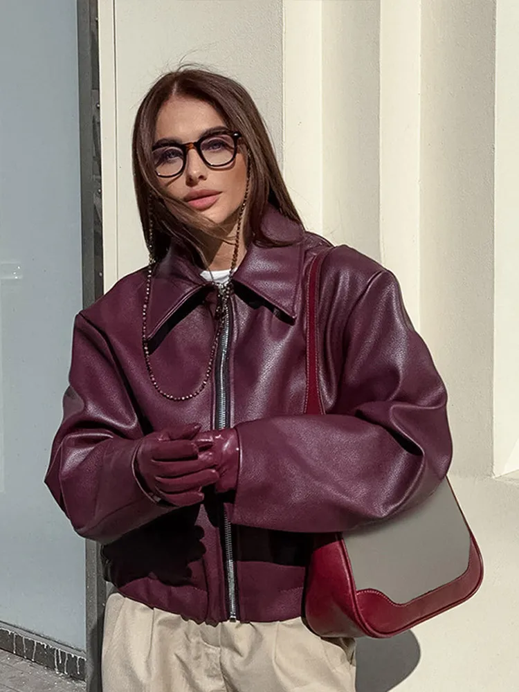 Street Leather Women\' Jacket Wine Red Turn Down Long Sleeve Pu Female Coats 2024 Vintage Pocket Zipper Motorcycle Lady Outwears