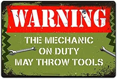 JP's Parcels Tin Signs Shop Wall Décor - Metal Sign for Auto Mechanics Gift 12 x 8 in. Warning The Mechanic on Duty May Thro