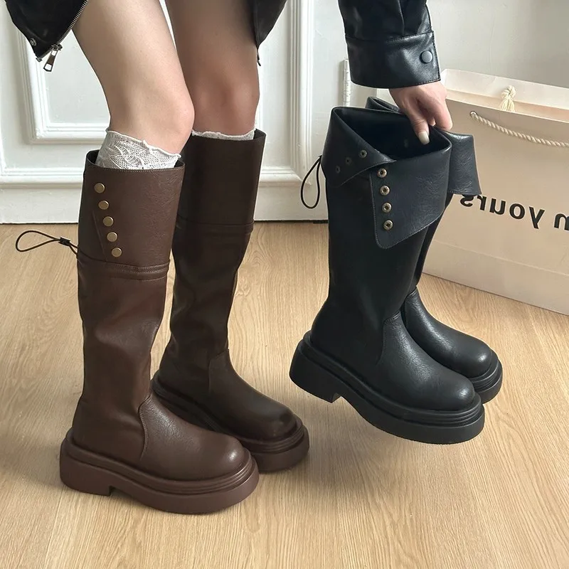 

Genuine Leather Thick-Soled Long Boots for Women Autumn Versatile Slimming Riding Boots Petite Over-the-Knee Two-Way High Boots