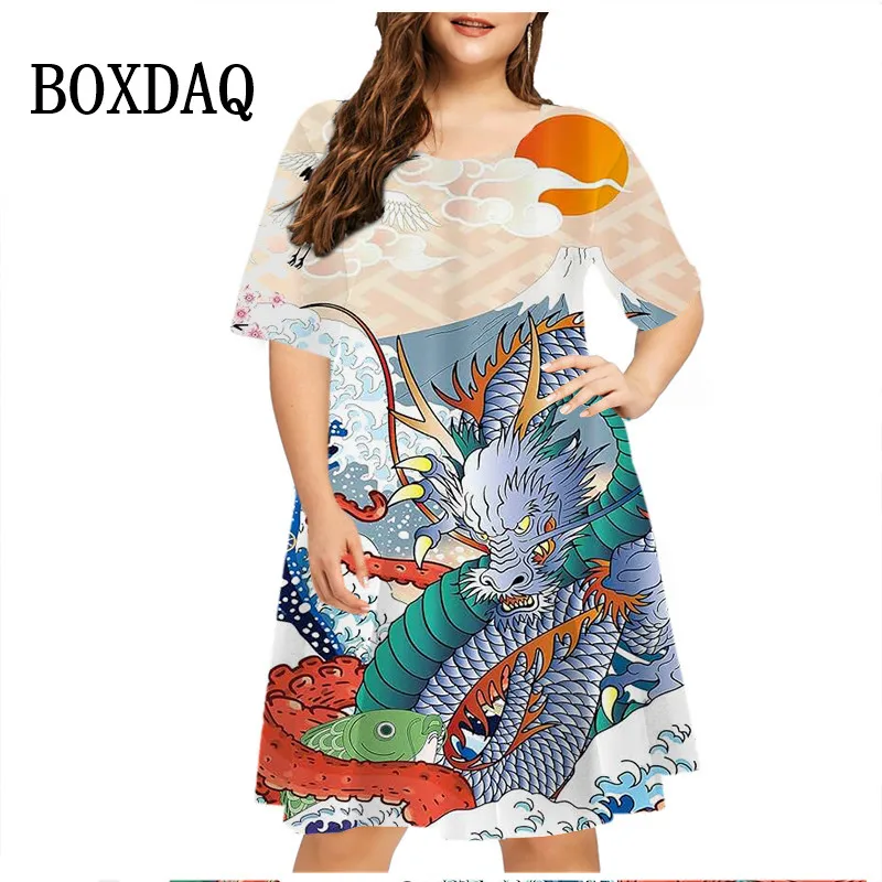 Summer Vintage Painting Fantasy Chinese Dragon Dress Women 3D Print Loose Plus Size Dress Casual Short Sleeve Party Mini Dresses