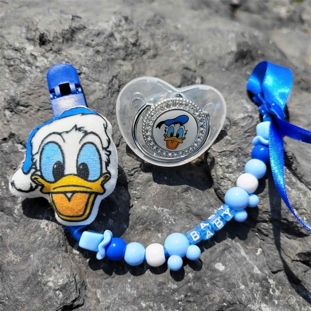 Chaîne de sucette pour bébé, avec Clip en perles, imprimé Donald Duck, sans BPA, luxe, scintillant, sucette factice en Silicone, 2024