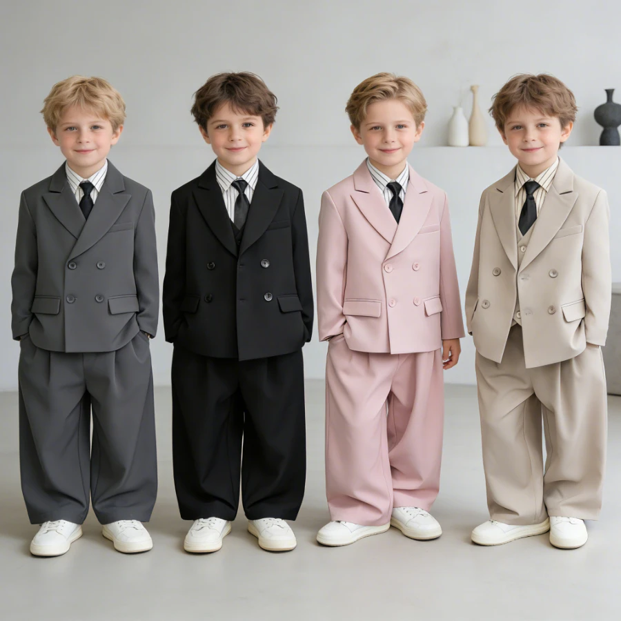 Boys Double Breasted Suit Set Blazer Vest Pants Tie Kids Formal Outfit for Wedding Birthday Party Graduation Performance 2-12Y