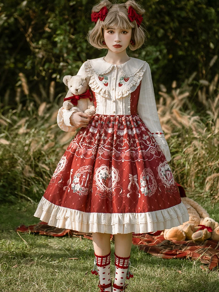 HOT Sweet Girl Lolita Women Dress Vintage Patchwork Red Dress con mantello Cute Female Cosplay Victorian Gothic Princess Dress