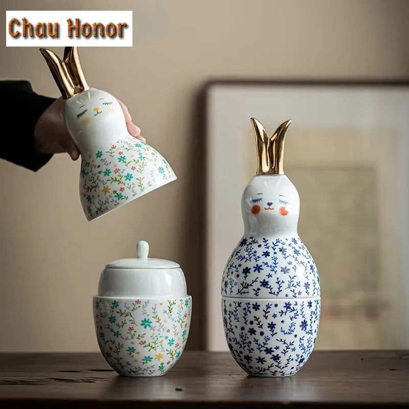 

Креативная керамическая чайная корзина с изображением французского цветка и чайным ковшом, контейнер с изображением золотого кролика и листьев, чайная коробка, органайзер, банка, украшение