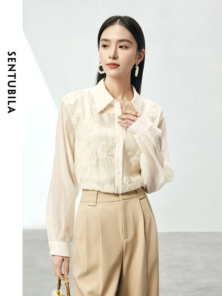 SENTUBILA Women Embroidery Button Up Shirts & Blouse 2024 Spring Summer Apricot Elegant Thin Long Sleeve Tops Woman 141C53877