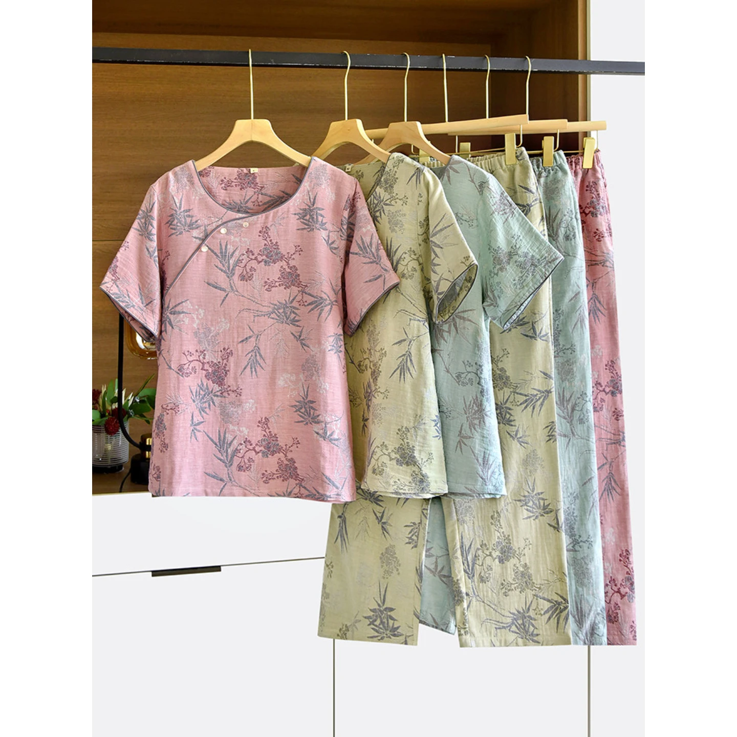 

Женский пижамный комплект из 2 предметов - новая жаккардовая пижама в китайском стиле, 100% хлопок, с короткими рукавами и длинными брюками, легкая и дышащая.