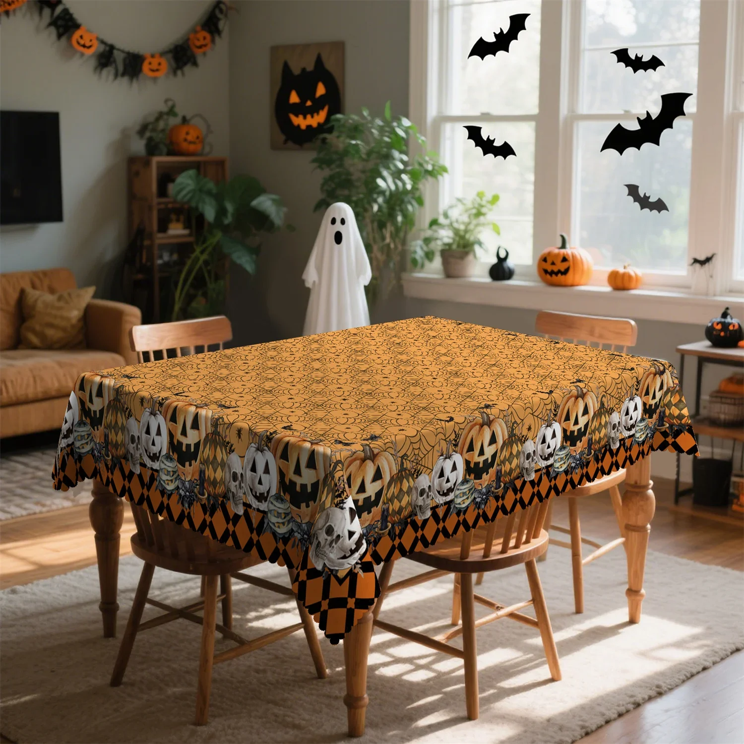 Grid-patterned pumpkin spider web skull candle bat Halloween tablecloth Washable table decoration, suitable for horrorpartiesxzj