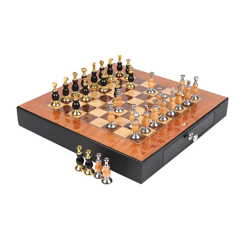 Luxury Custom Professional Metal Glossy Gold Plating Wooden Chess Pieces Board Games Sets