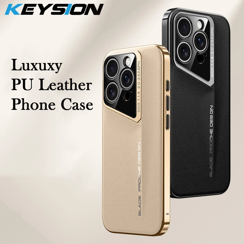 KEYSION Luxury PU Leather Case for iPhone 16 16 Pro Max Plating Hard PC Shockproof Phone Back Cover for iPhone 15 14 13 Pro Max