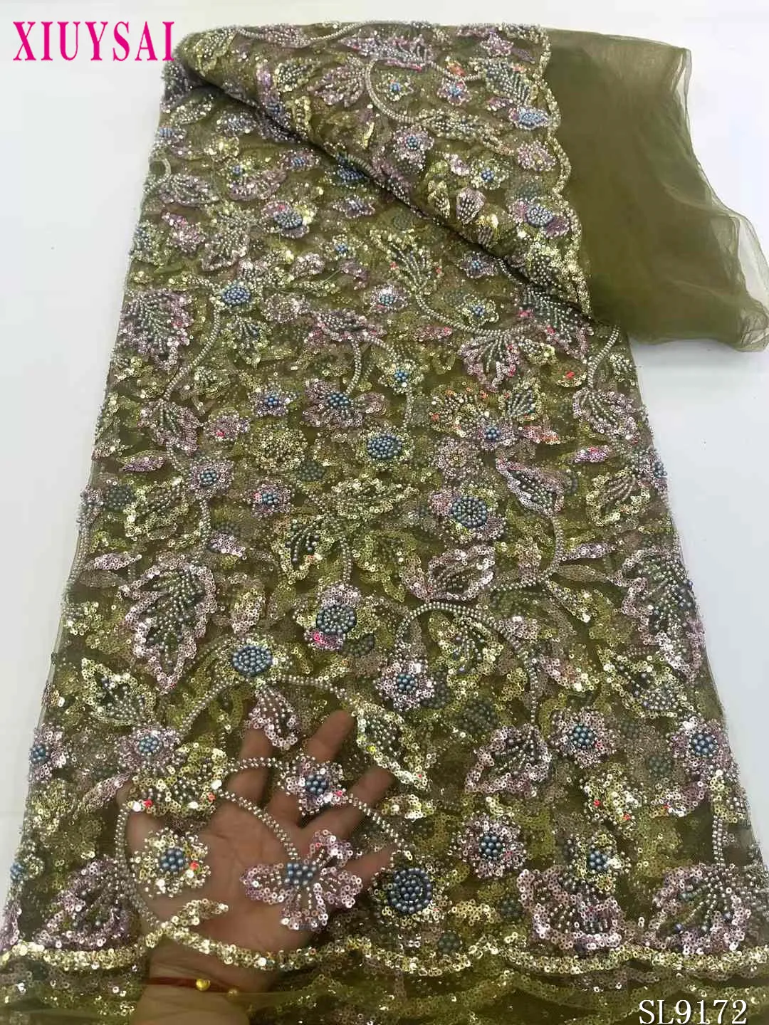 

High-End High Quality Luxury French Handmade Embroidery Groom Lace Fabric African Nigerian With Sequins Fabric For Wedding Dress
