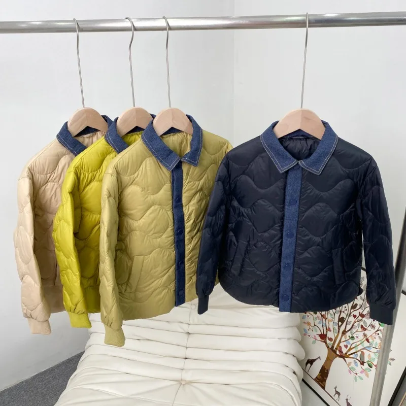 

Kids Down Coat 2024 New Autumn Winter Denim Patchwork Child Duck Down Jackets Turn Down Collar Quilted Overcoat for Girls Boys