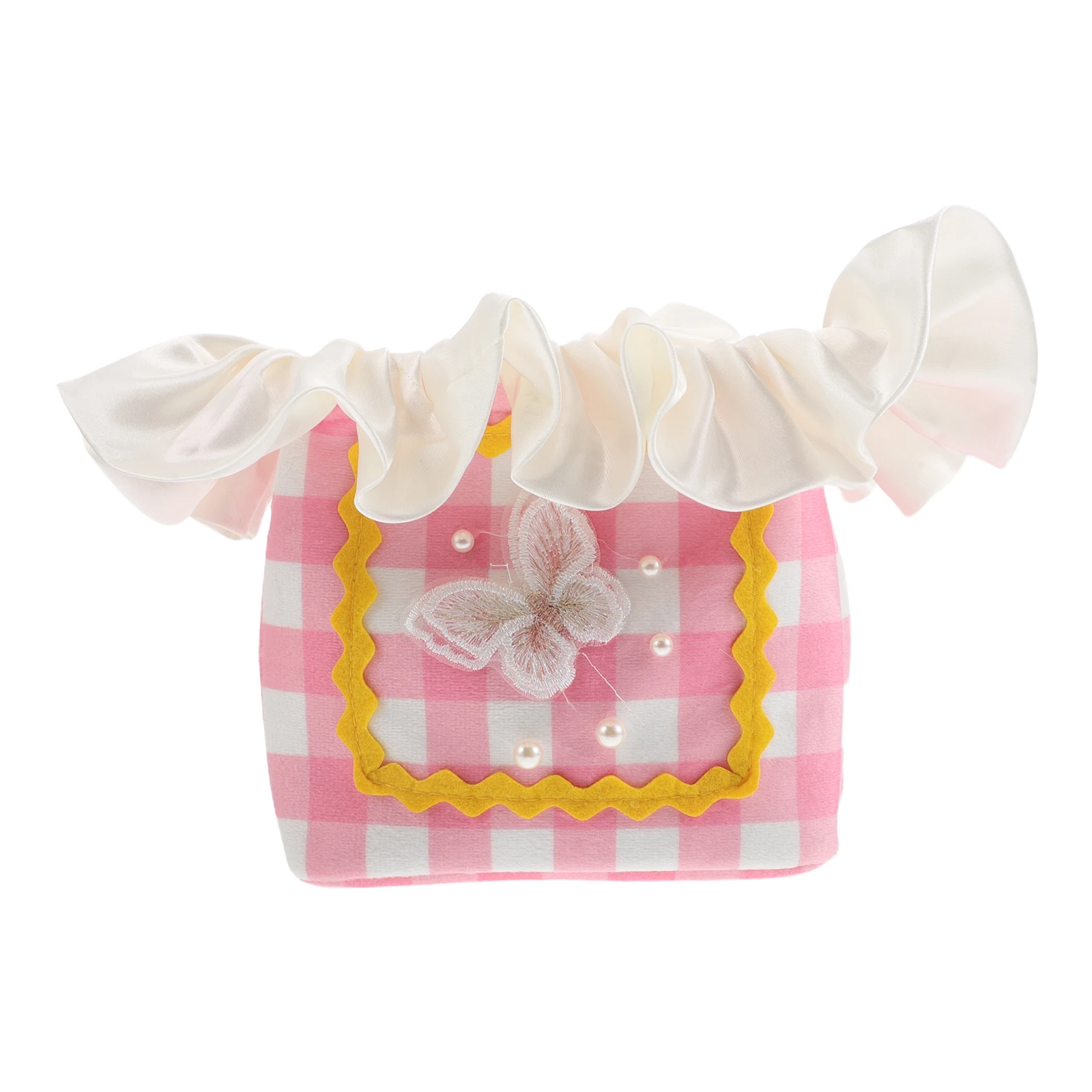 

Small Desktop Organizer Basket Plaid Fabric Storage Basket Princess Style Trim for Sundries Makeup Snacks Bedroom Living Room
