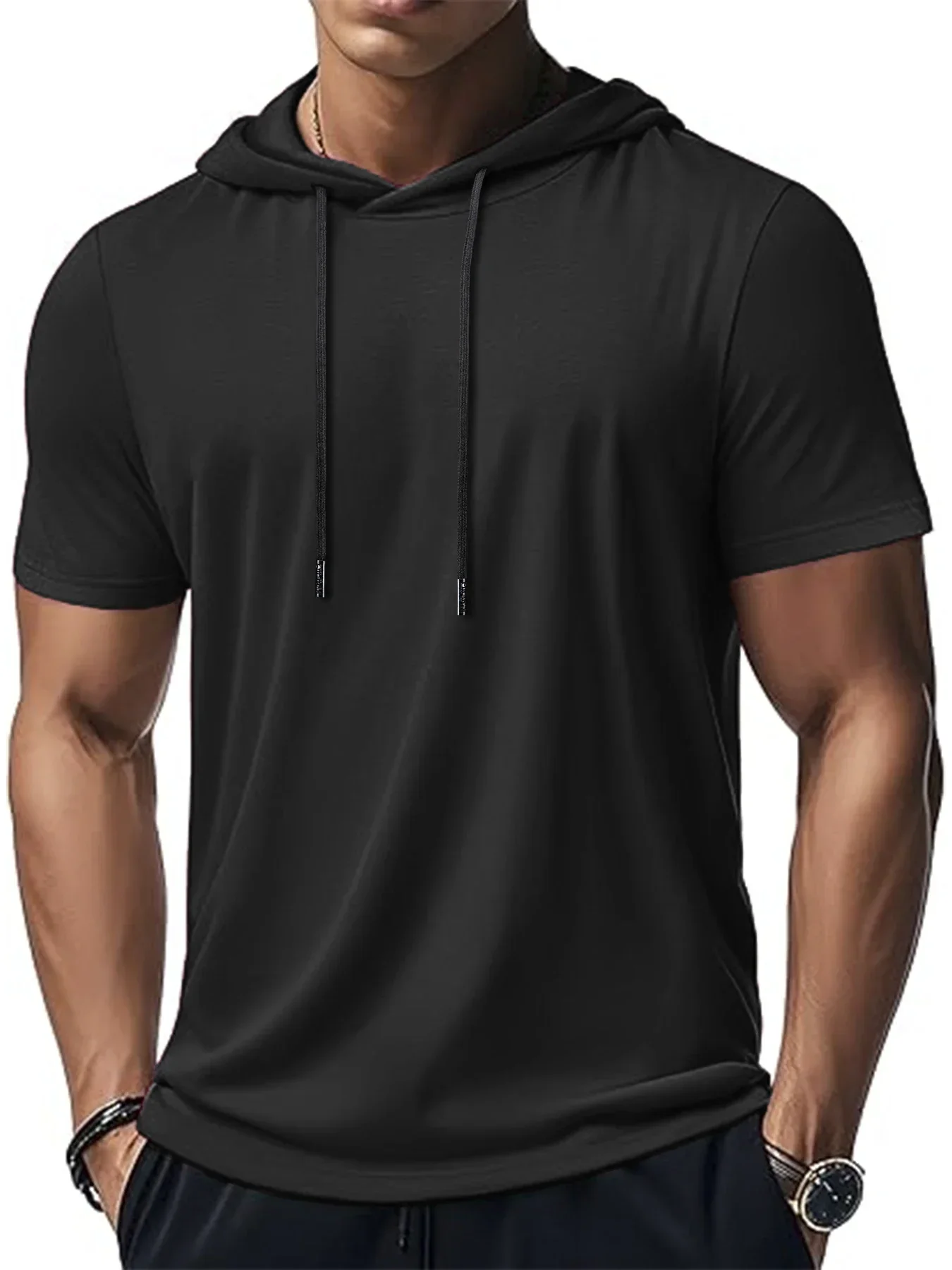 Trendiger und modischer, dünner Stil für Herren, atmungsaktiv, locker, Outdoor, Laufen, lässig, Top, Sport, kurzärmelig, T-Shirt mit Kapuze – Detail 3