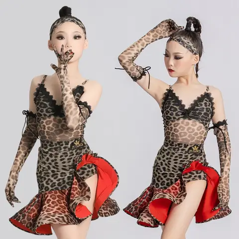 ballroom latin leopard print top skirt dress girls american dance rumba cha cha samba tango costume competition practice kids