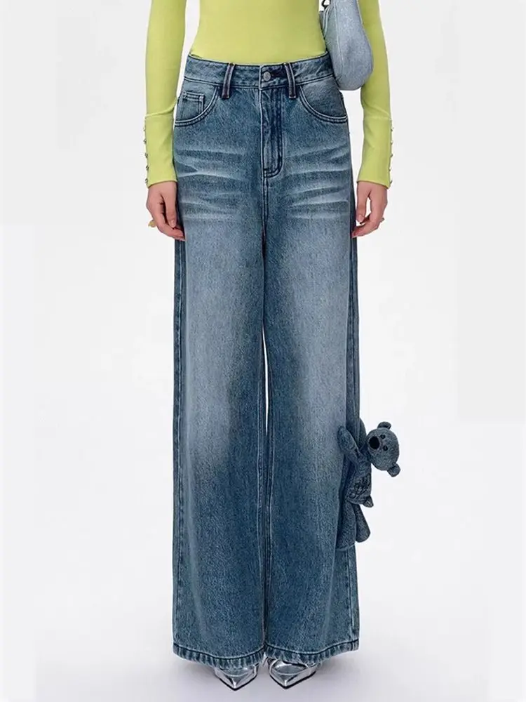 

Женские винтажные синие мешковатые джинсы с милым дизайном медведя, джинсы Y2K в стиле гранж, уличный стиль Харадзюку, брюки в стиле 2000-х годов