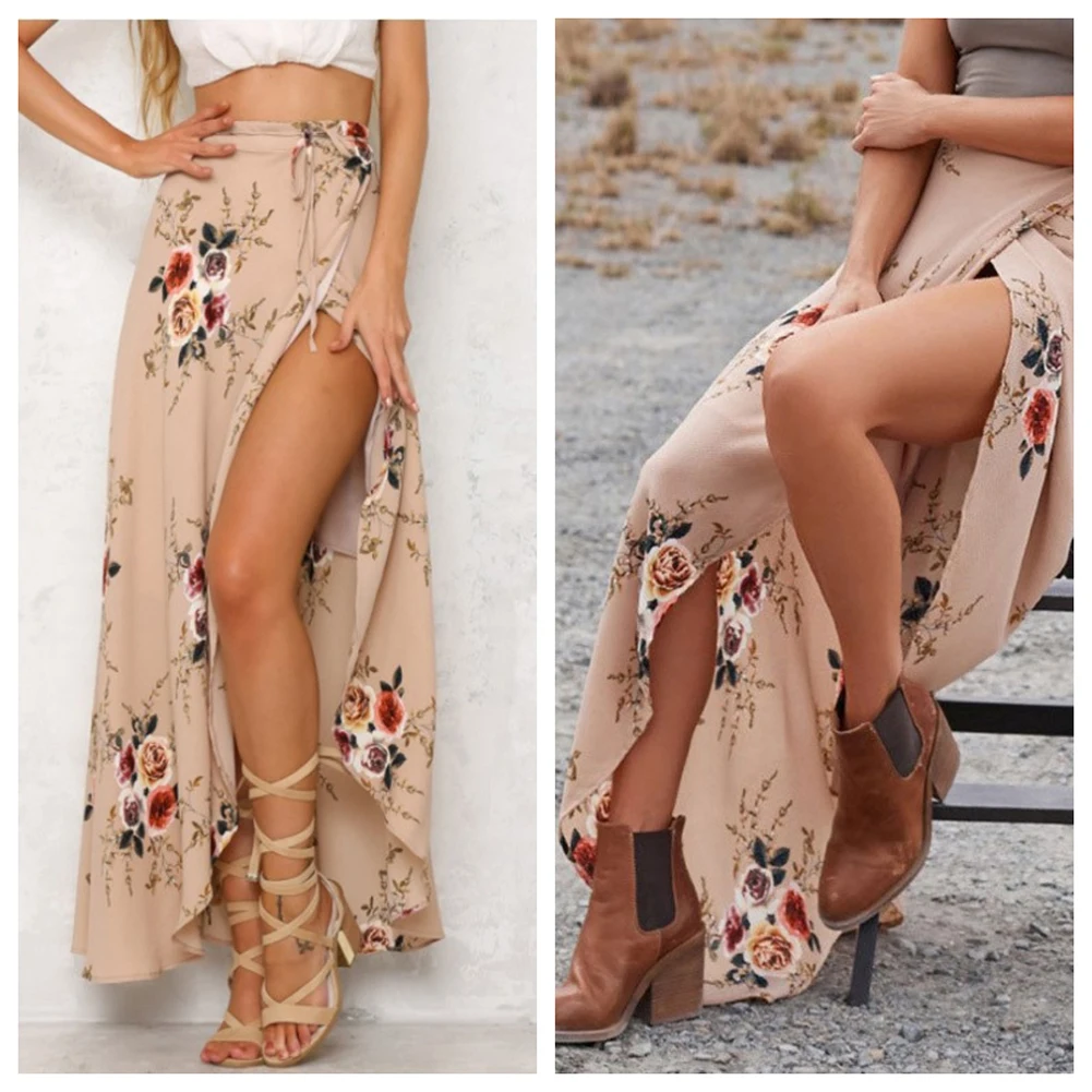 Women Long Skirt With High Slit Casual Boho Beach Summer Maxi Skirt Floral Print High Waisted Maxi Skirts For Women