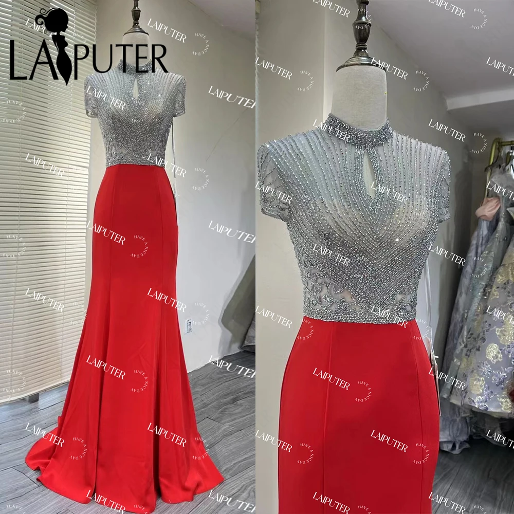 LAIPUTER Sample Dress on Sale Promotion Good Price US4 Red Crystal Bead Mermaid Evening Dresses High Neck Prom Party Gown