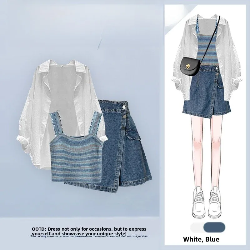 

Korean Style Summer Three-Piece Set Women's College Fashion Shirt Design Sense Slimming Pants Skirt Ensemble Korean Style