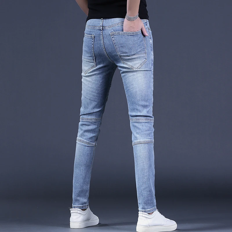 Blue Biker Men's Jeans Fashion Slim Fit Pants Streetwear Casual Patchwork Denim Trousers CP2203